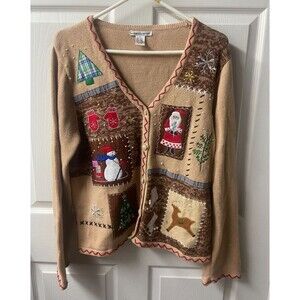 VTG Designer Original Studio Joy Christmas Tree Beaded Cardigan Sweater Women PM